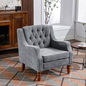 Grey Accent Chair, Living Room Chair, Footrest Chair Set with Vintage Brass Studs, Button Tufted Upholstered Armchair for Living Room