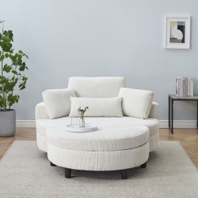 51-inch beige corduroy sofa with two throw pillows and a waist pillow with an extra tray for comfortable seating suitable for small apartment bedroom