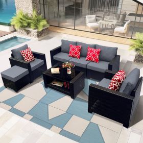 Outdoor Garden Patio Furniture 7-Piece PE Rattan Wicker Cushioned Sofa Sets and Coffee Table
