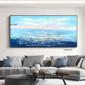 Handmade Serene Seascape A Light Blue Oil Painting of a Sailboat on the Ocean Living Room hallway bedroom luxurious decorative painting (size: 90X120cm)