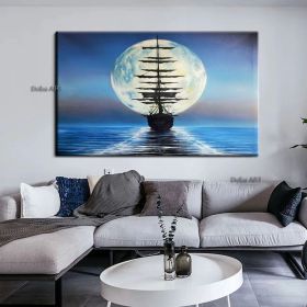 Handmade Sailboat Painting Seascape Original Art Boat Painting Nautical Artwork Full Moon Canvas Painting Night Sky Wall Art (size: 100X150cm)