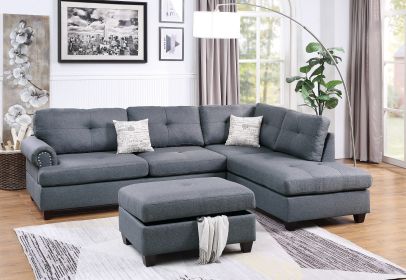 3-pcs Sectional Sofa Blue Grey Polyfiber Cushion Sofa Chaise Ottoman Reversible Couch Pillows (Color: as Pic)