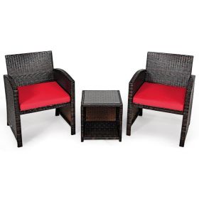 3 Pieces PE Rattan Wicker Furniture Set with Cushion Sofa Coffee Table for Garden (Color: Red)